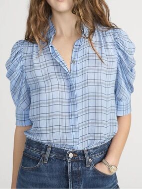 NWT FRAME The Plaid Gillian Top in Sky Blue Mutli